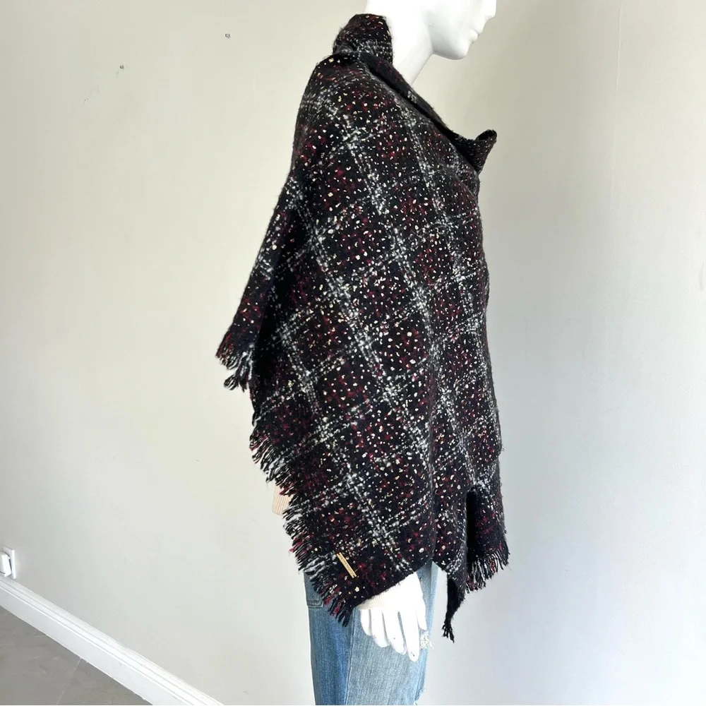 MICHAEL KORS Multicolored Plaid Tweed Gold Foil Knit Soft Long Shawl Wrap Scarf